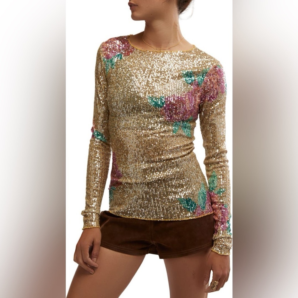 NEW Free People Gold Rush Sequin Top in Champagne Combo Party Size Small